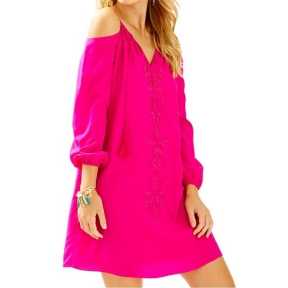 LILLY PULITZER | Fulton Magenta Pink Silk Tunic Dress Beaded Women’s Size Small - Picture 1 of 13
